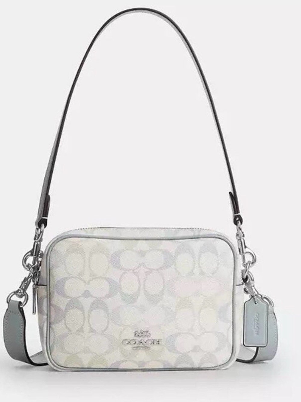 🩵💚Coach NWT Chalk/Blue/Green Mini Carey Crossbody‎ In Signature Canvas /Silver